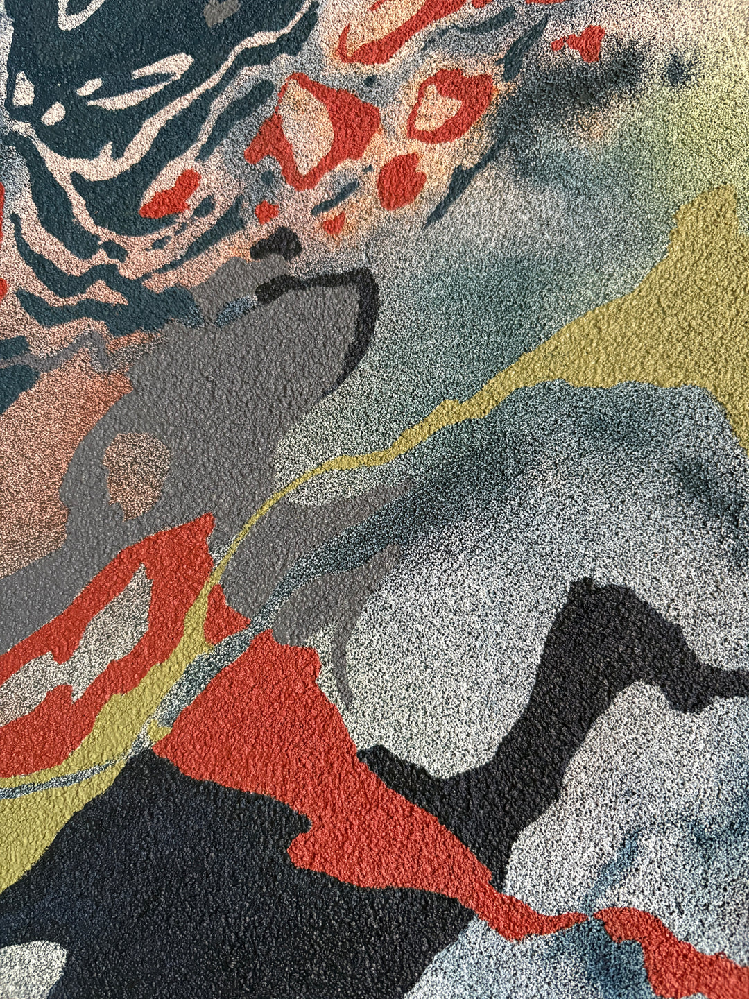 Organic pumice primed canvas painting in oil natural shapes textures abstracted negative space line weight gradient of color blues greens and red orange circular orbs 