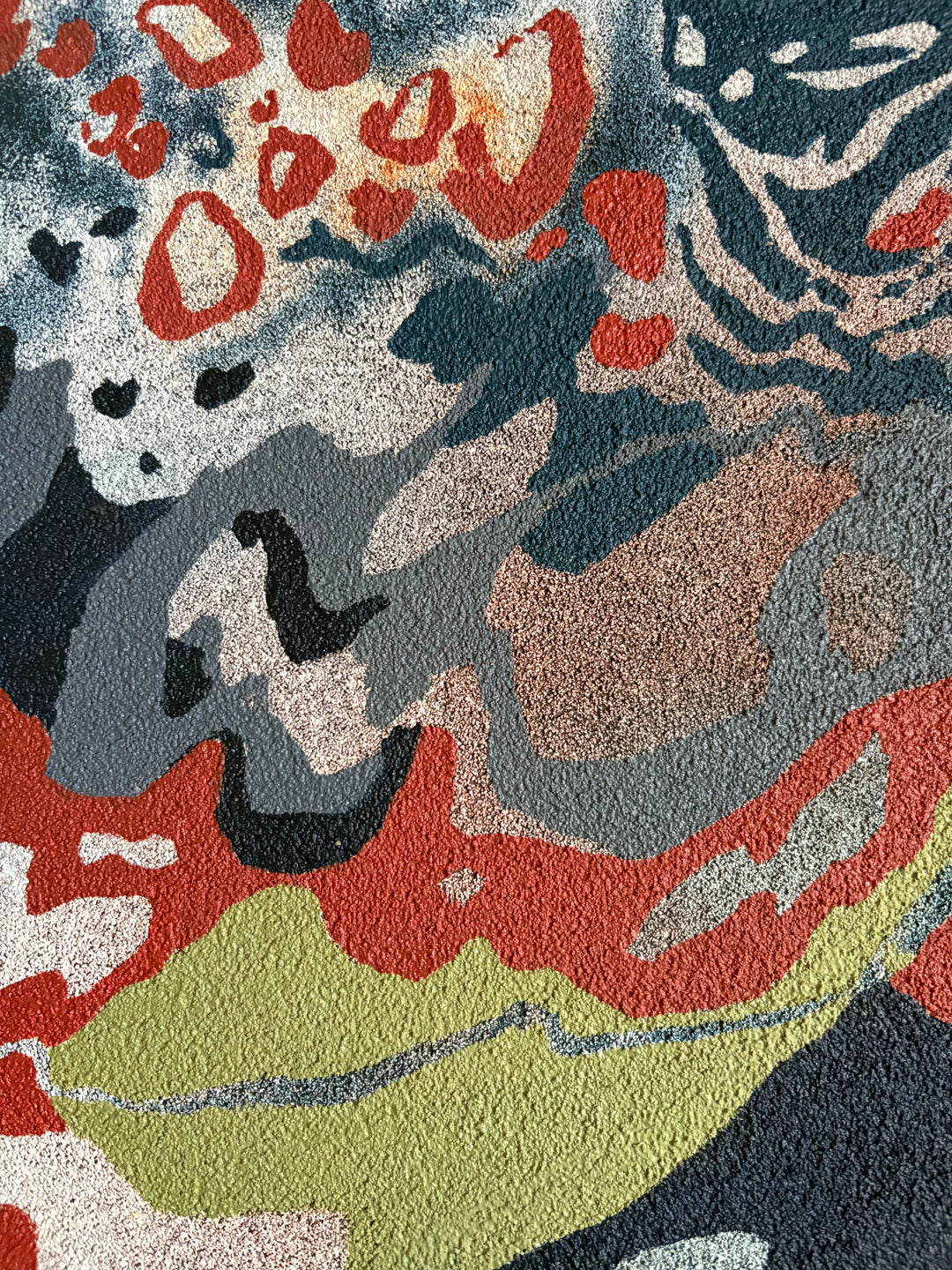 Organic pumice primed canvas painting in oil natural shapes textures abstracted negative space line weight gradient of color blues greens and red orange circular orbs 
