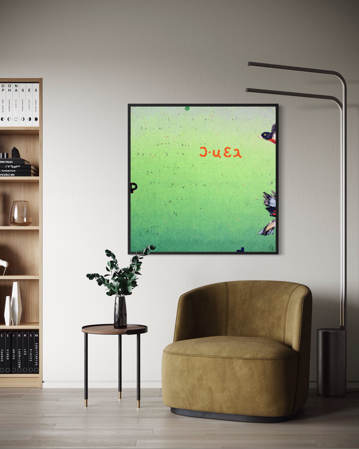 Bob Landstrom, Transient Apologia, pigmented volcanic rock and acrylic on canvas, 48 x 48 inches. Green-to-lime gradient background with faint handwritten text, red-orange characters near the top, and a bird partially visible at the right edge, shown in a black frame above an olive velvet armchair and small side table beside a bookshelf.