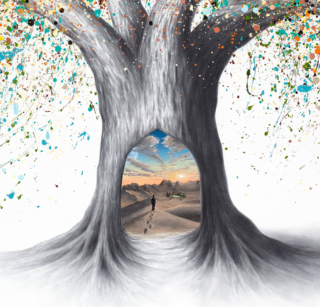 Detail of Ashvin Harrison, Tree of the Desert Oasis, coconut charcoal dust and acrylic on canvas, 36 x 36 inches. Close-up of the grey charcoal tree trunk and roots, with an arched opening showing a small figure leaving footprints across desert sand toward an oasis of green palms, distant mountains and a blue and orange sunset sky.