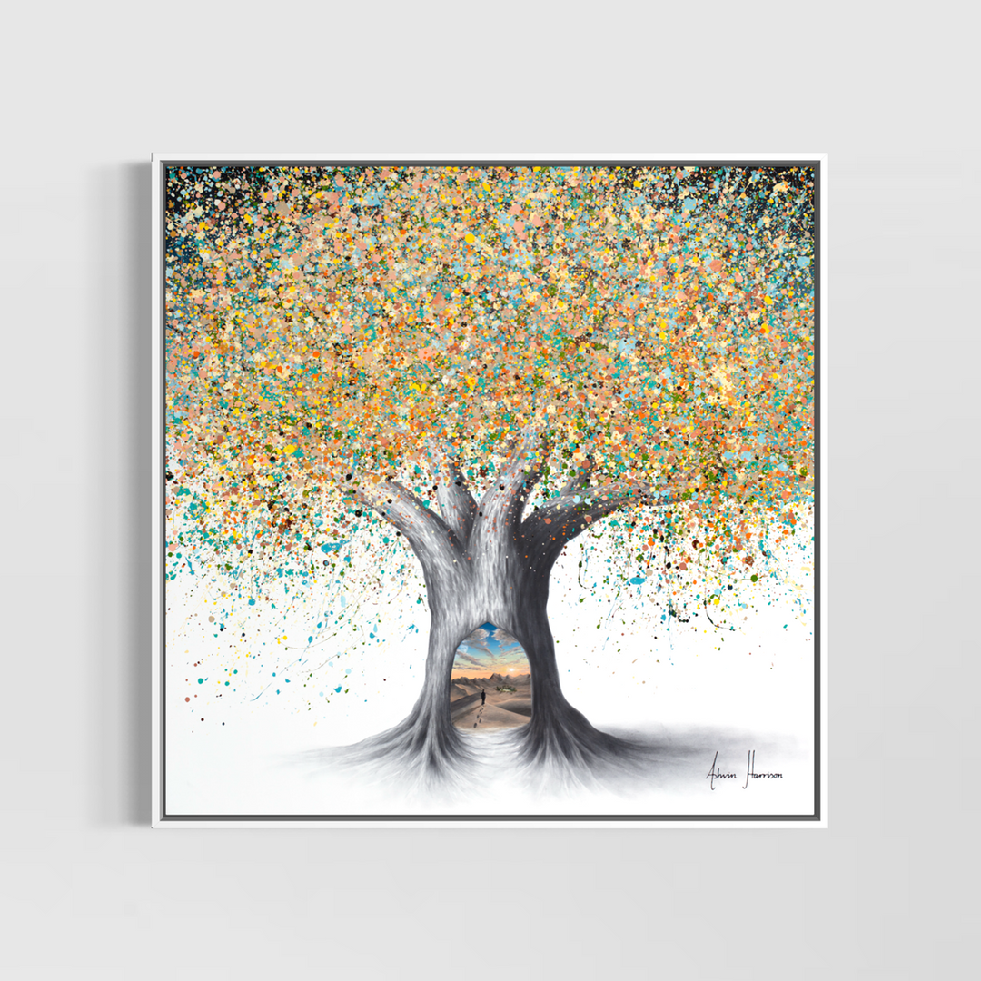 Ashvin Harrison, Tree of the Desert Oasis, coconut charcoal dust and acrylic on canvas, 36 x 36 inches, shown in a white floating frame on a light grey wall.