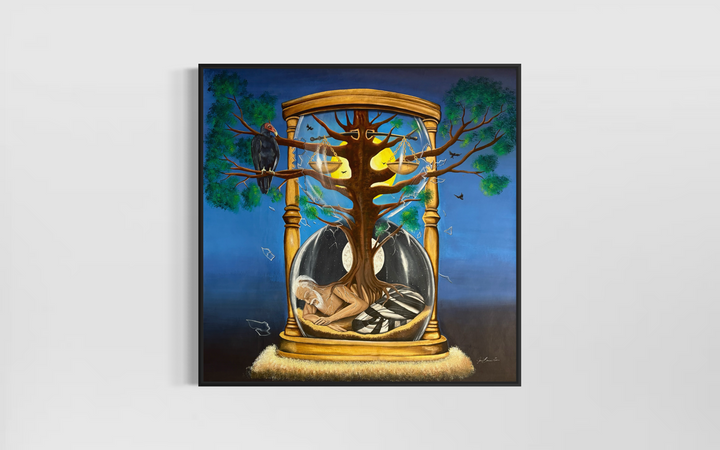 hour glass with old man inside figure and tree growing out time vulture bird on blue background acrylic paint surrealism