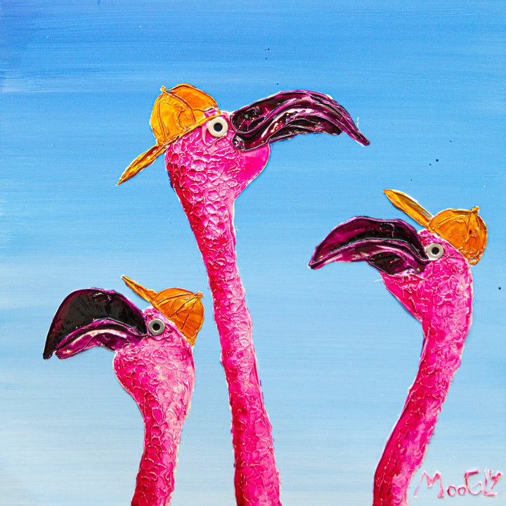 Acrylic 17" x 17" matted Trippers painting by Moogly. Hot pink animated flamingos wearing orange baseball caps and looking around in different directions.