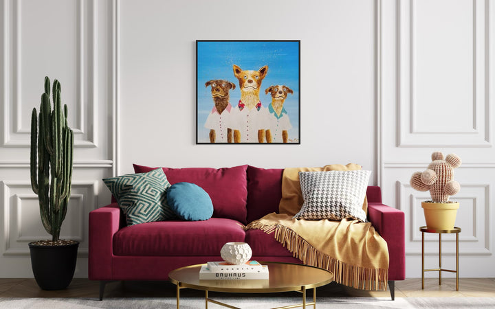 40" x 40" acrylic on canvas painting of three dogs in white shirts over a blue gradient background. 