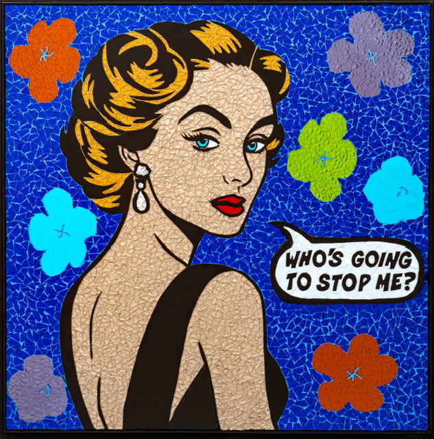 limited edition stain glass mosaic giclee print hand embellished with glitter blonde woman with blue eyes and red lips looking back on blue tile floral background text bubble comic style retro vintage