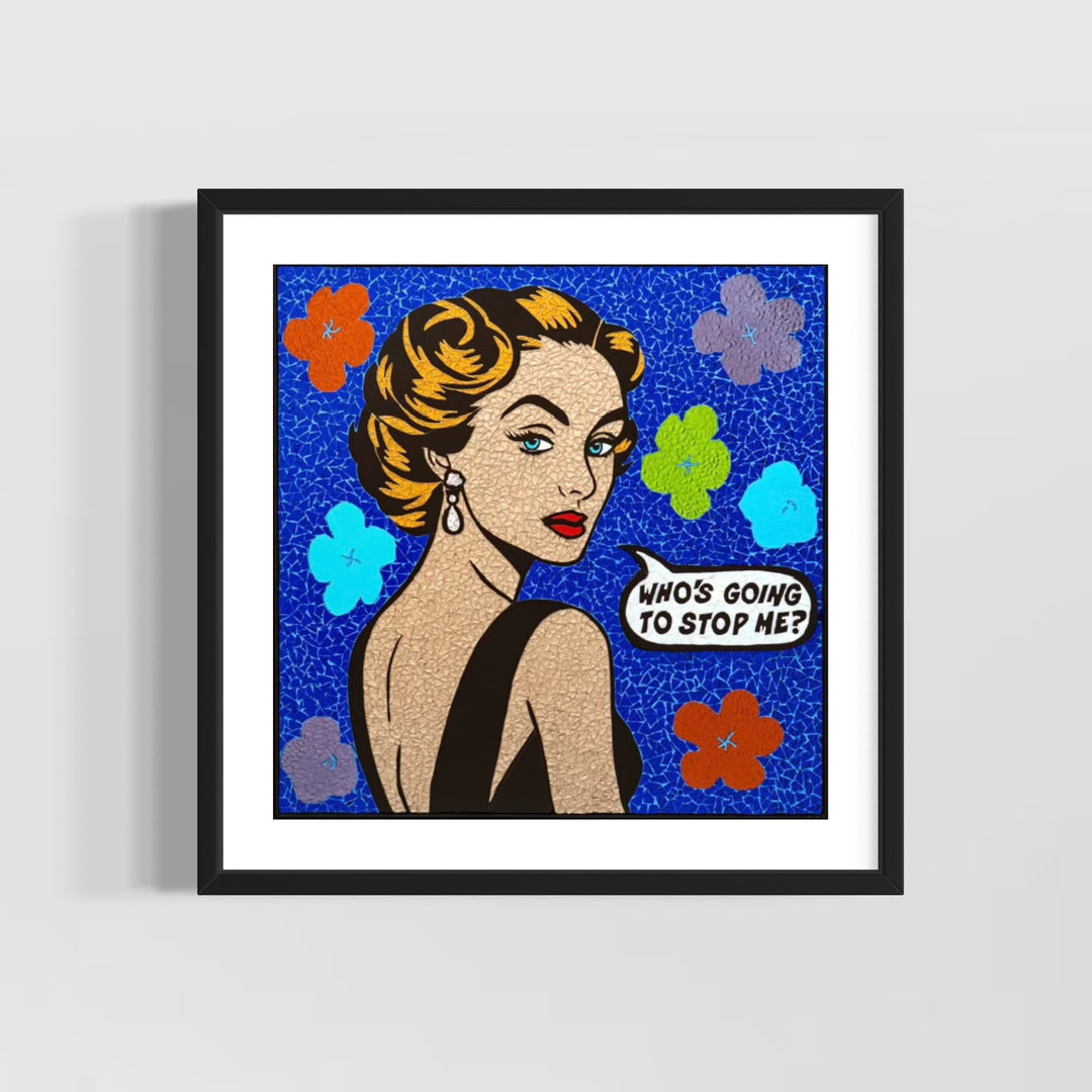 limited edition stain glass mosaic giclee print hand embellished with glitter blonde woman with blue eyes and red lips looking back on blue tile floral background text bubble comic style retro vintage
