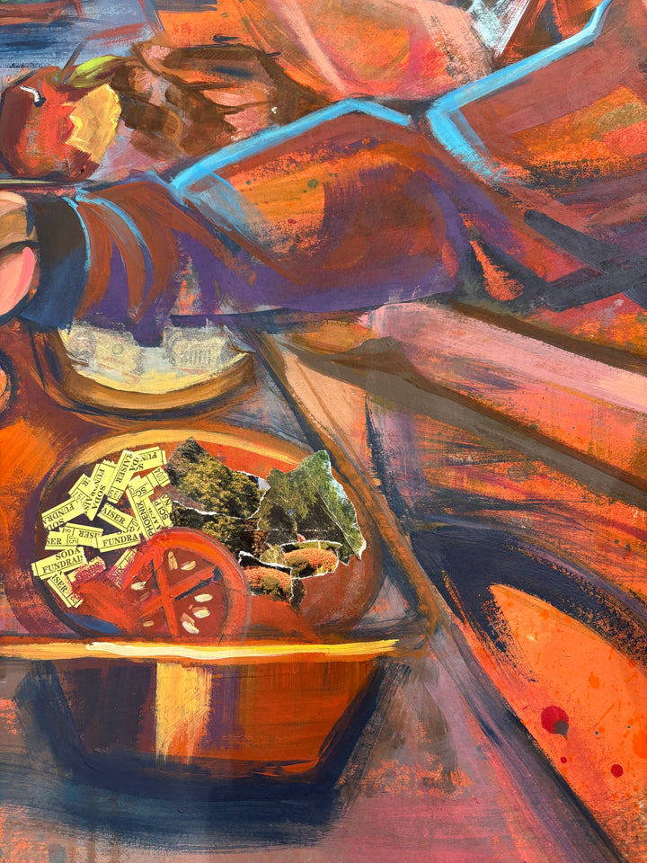 figure prison men eating food in orange jumpsuits cafeteria collage mixed media painting by keith andrews