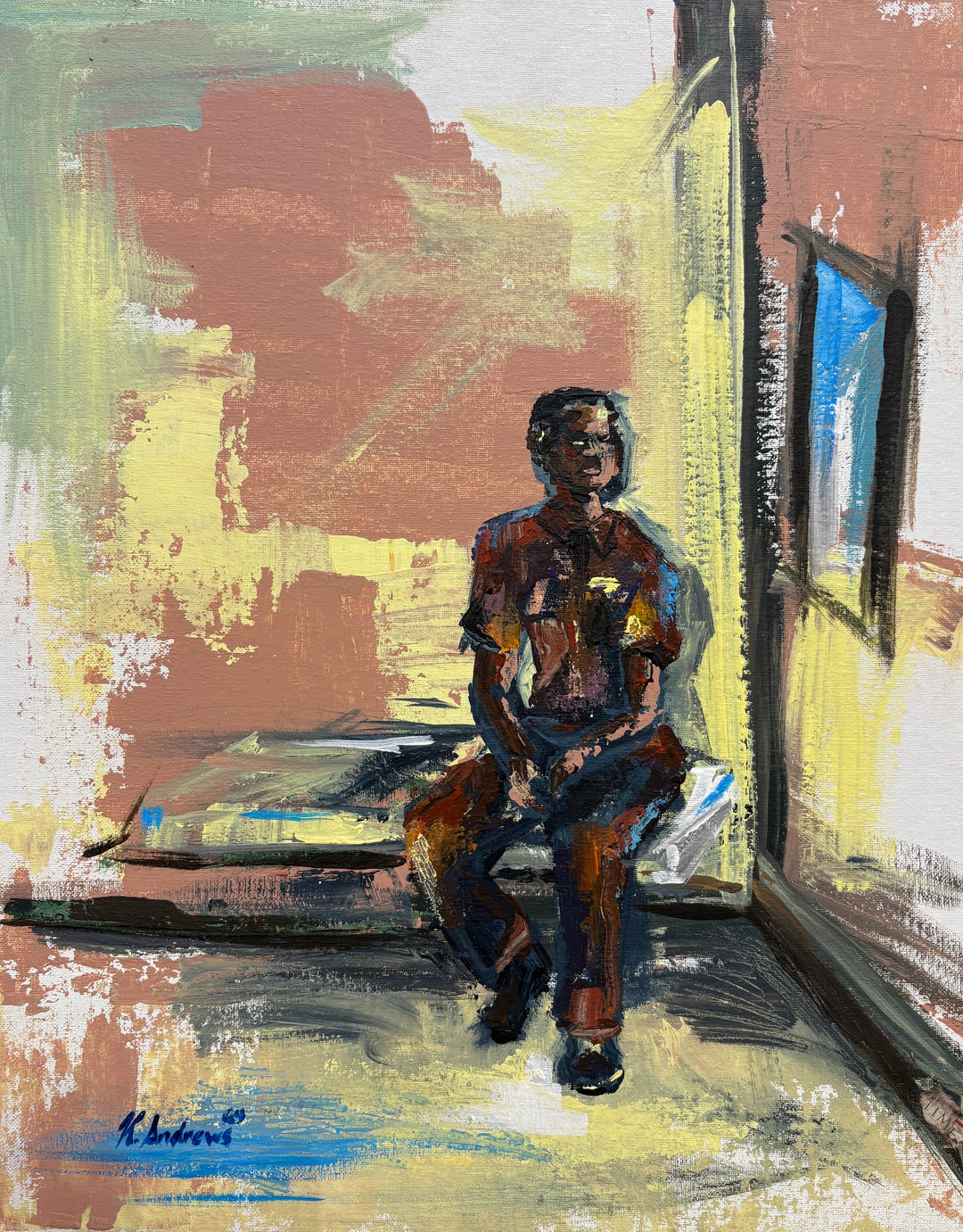 man sitting alone on bed in cell with window abstract expressionist acrylic paint