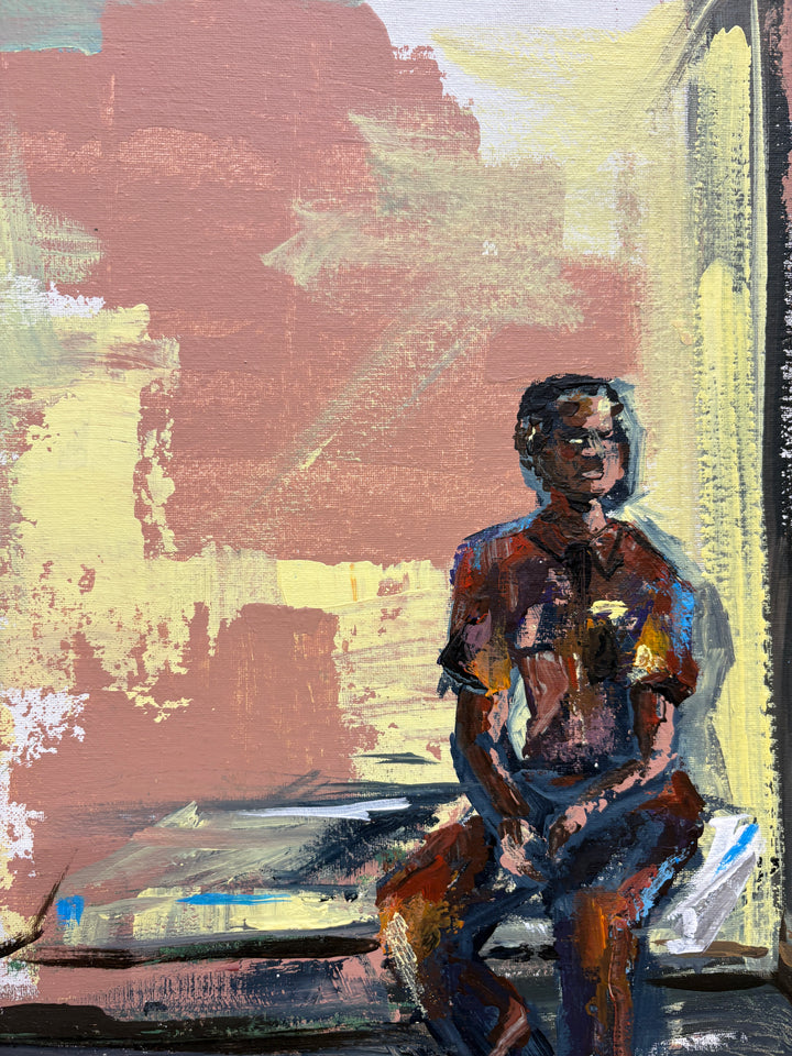 man sitting alone on bed in cell with window abstract expressionist acrylic paint