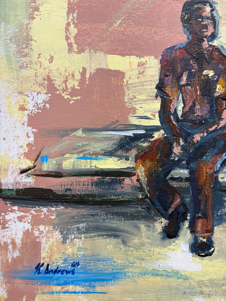 man sitting alone on bed in cell with window abstract expressionist acrylic paint