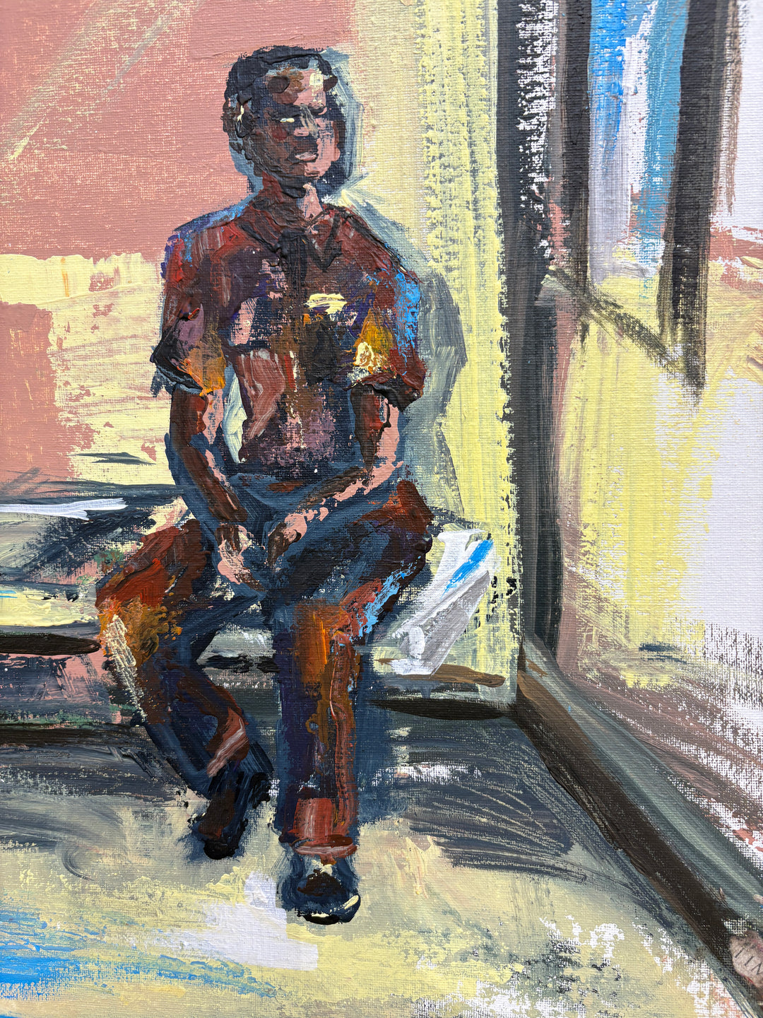 man sitting alone on bed in cell with window abstract expressionist acrylic paint