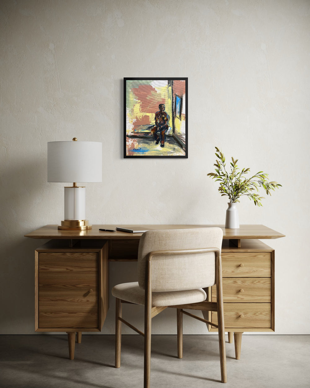 man sitting alone on bed in cell with window abstract expressionist acrylic paint