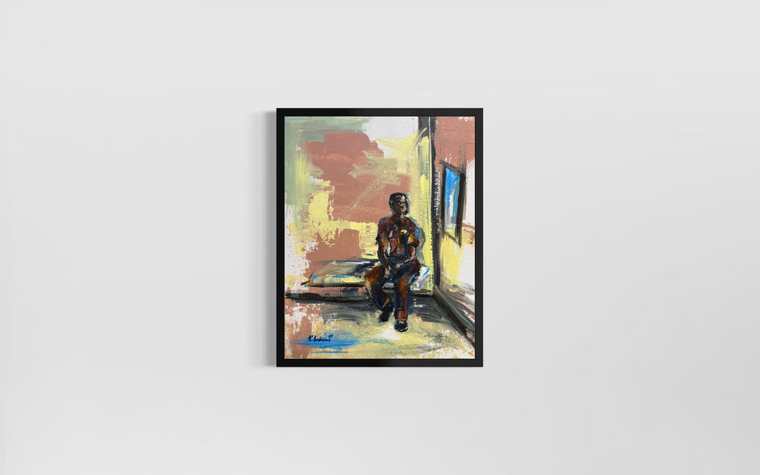 man sitting alone on bed in cell with window abstract expressionist acrylic paint