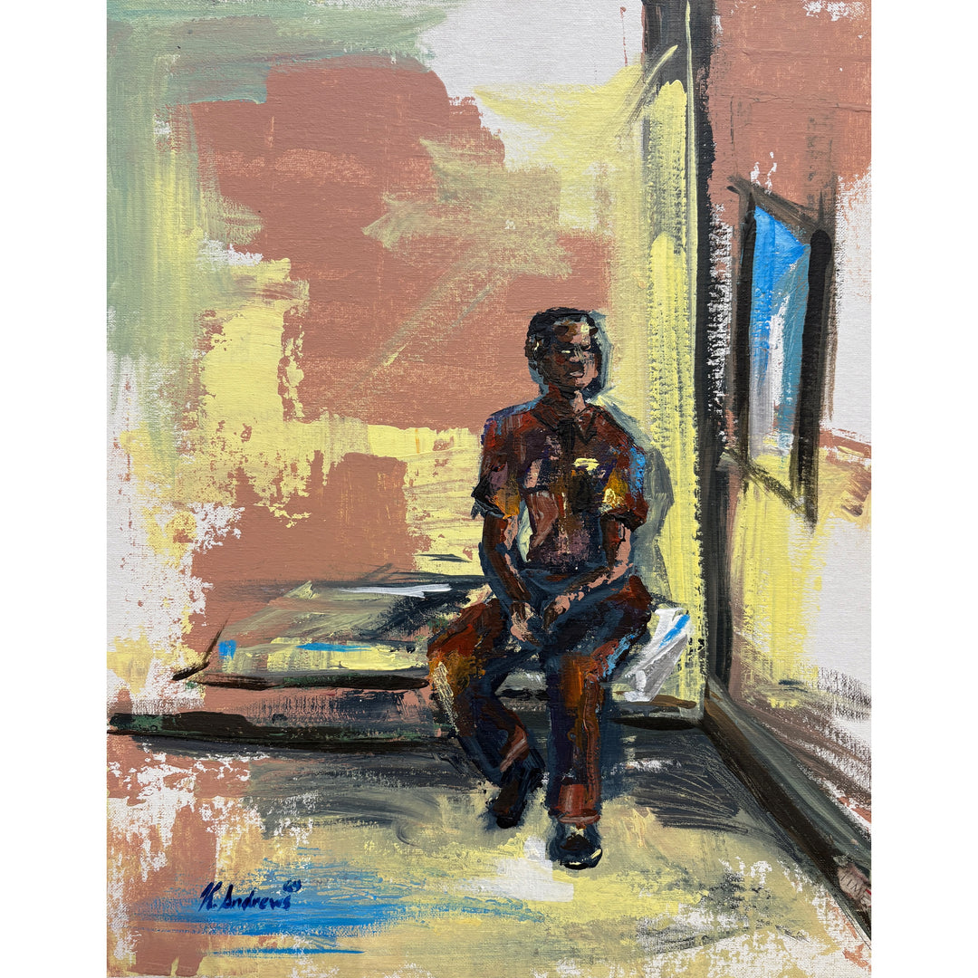 man sitting alone on bed in cell with window abstract expressionist acrylic paint