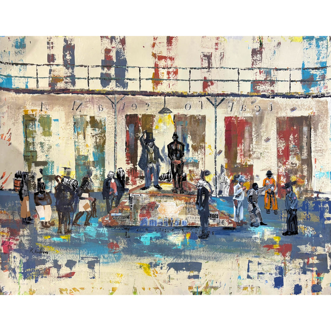 Keith Andrews, Untitled Jail Scene, acrylic and collage on parachute cloth, 48 x 60 inches. Groups of figures in a cell block setting surround a central collaged platform where a man in a top hat stands beside a dark figure. The palette is cream, blue, red and ochre.