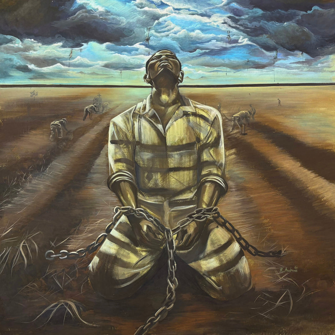 black slave prisoner man figurative portrait with chains in field dark and gloomy acrylic painting in browns and blues