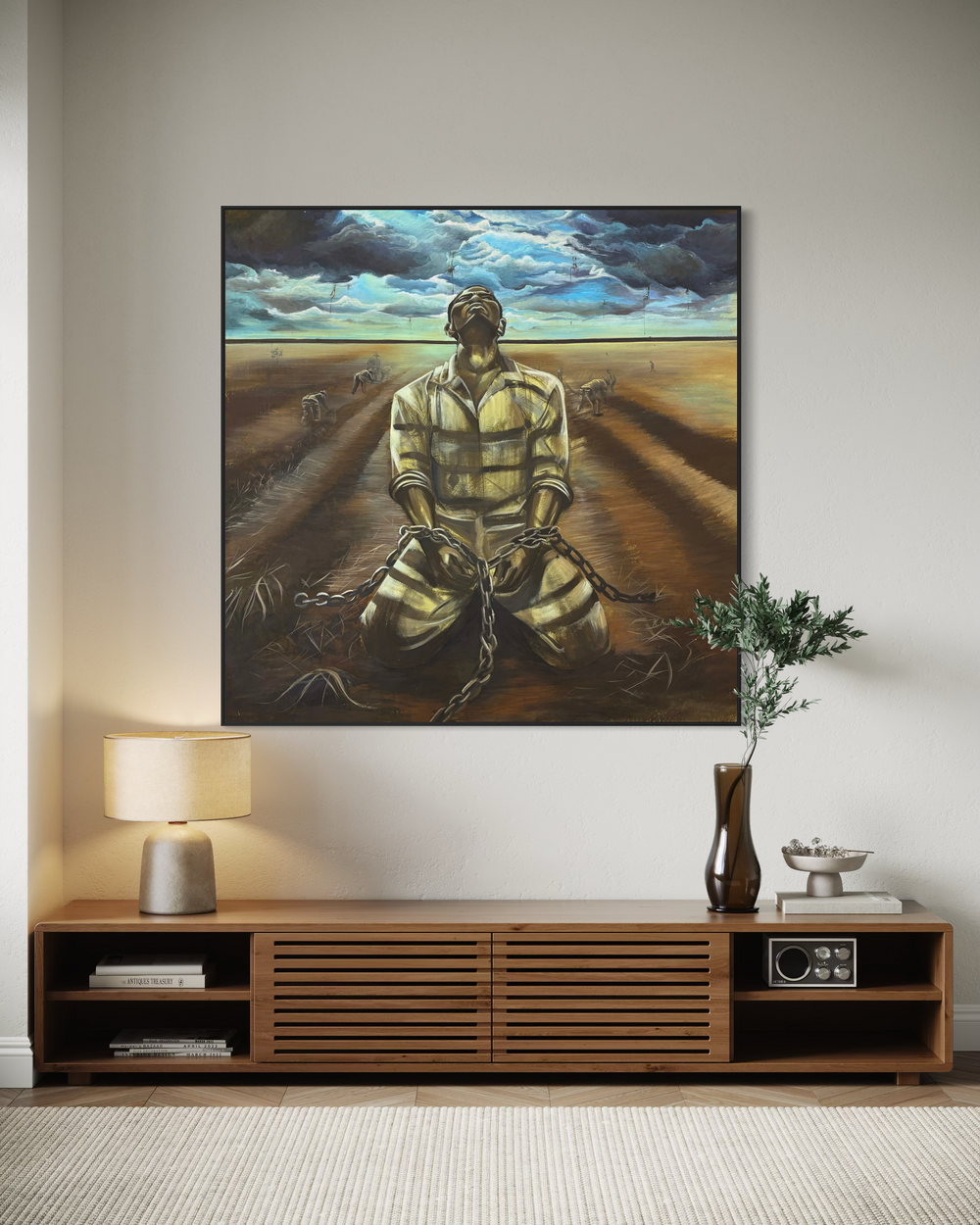black slave prisoner man figurative portrait with chains in field dark and gloomy acrylic painting in browns and blues