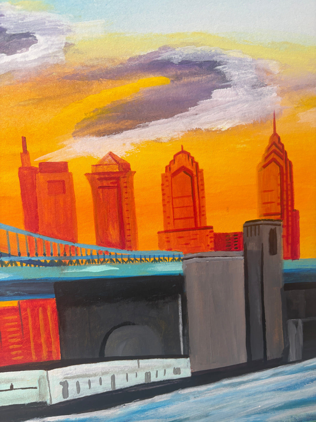bright yellow orange red tone skyline philadelphia ben franklin bridge river new jersey landscape city urban in acrylic paint