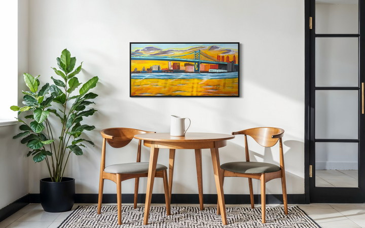 bright yellow orange red tone skyline philadelphia ben franklin bridge river new jersey landscape city urban in acrylic paint
