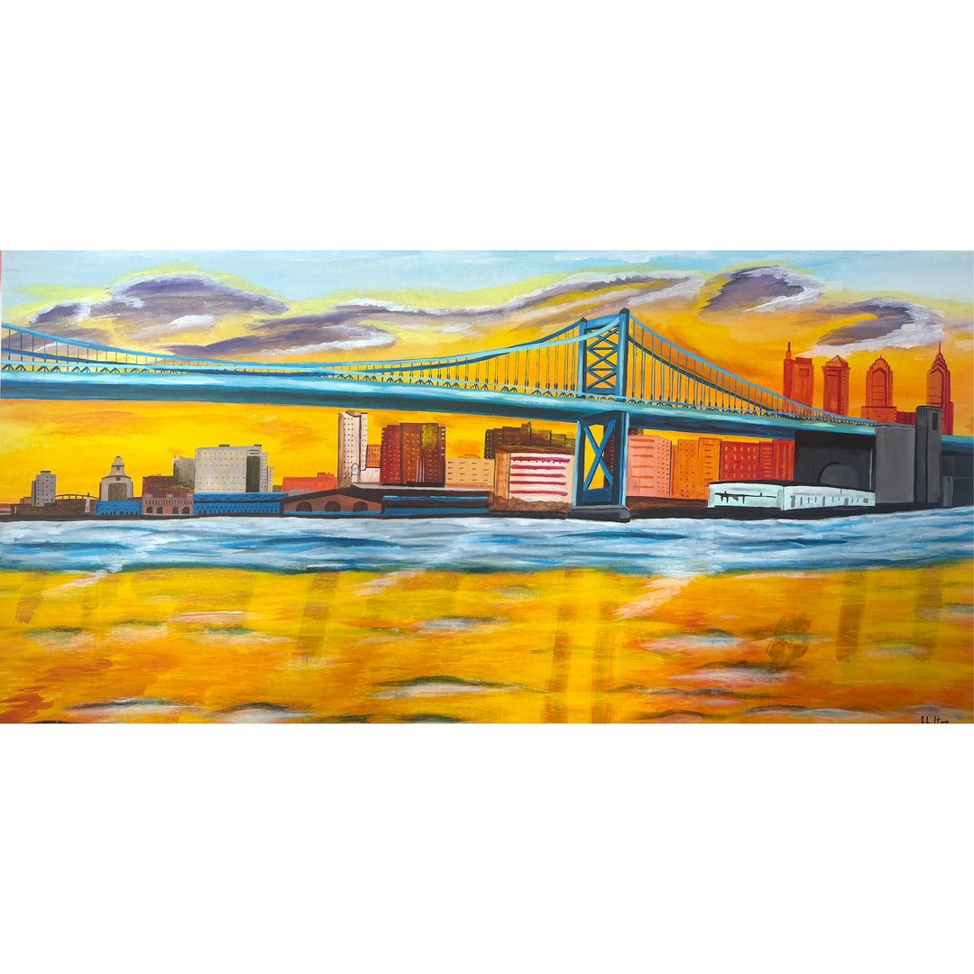 bright yellow orange red tone skyline philadelphia ben franklin bridge river new jersey landscape city urban in acrylic paint