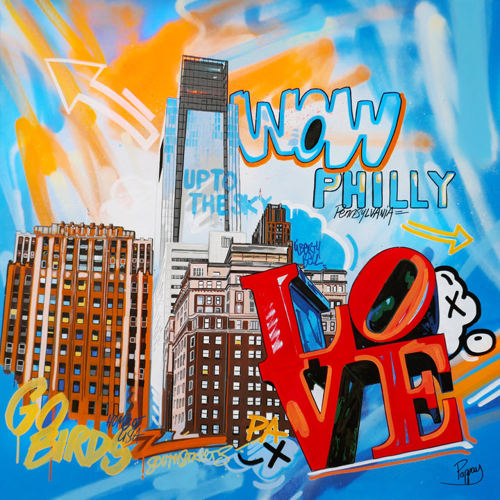 "Up to the Sky" by Pappay — a vibrant street art-inspired painting on canvas depicting Philadelphia&