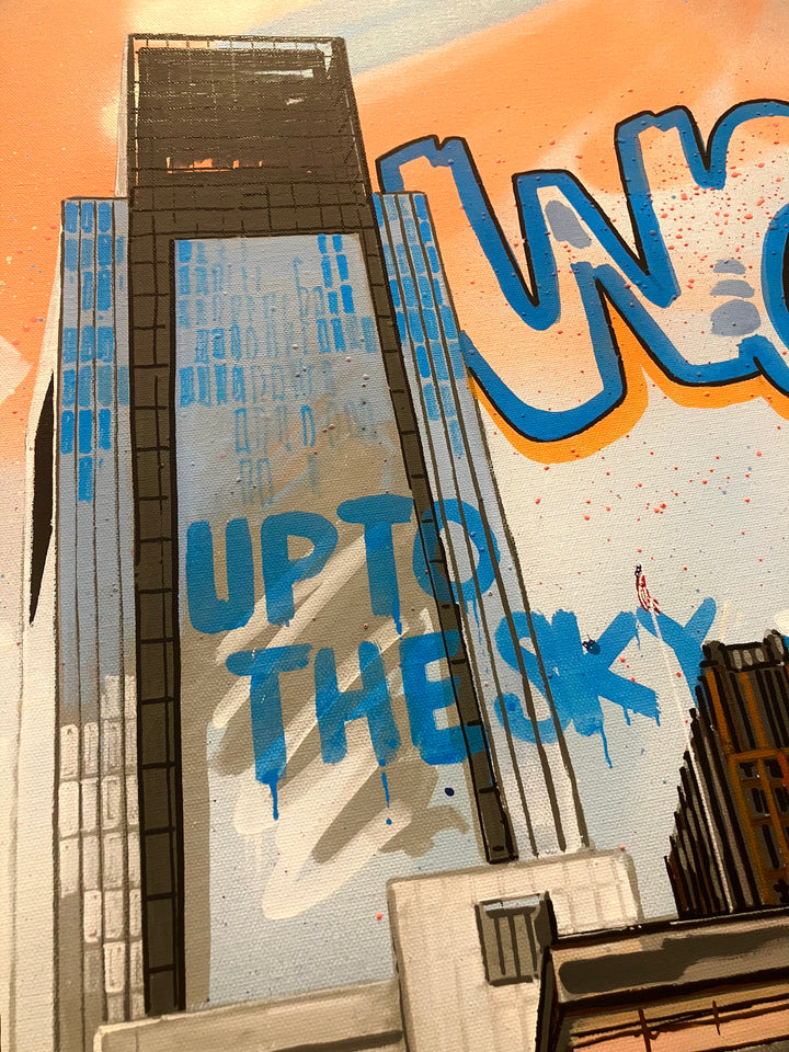 "Up to the Sky" by Pappay — a vibrant street art-inspired painting on canvas depicting Philadelphia&