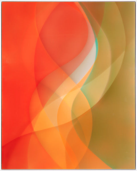 Abstract layering of transparent resin colors of red orange with green beige in organic vertical waves 