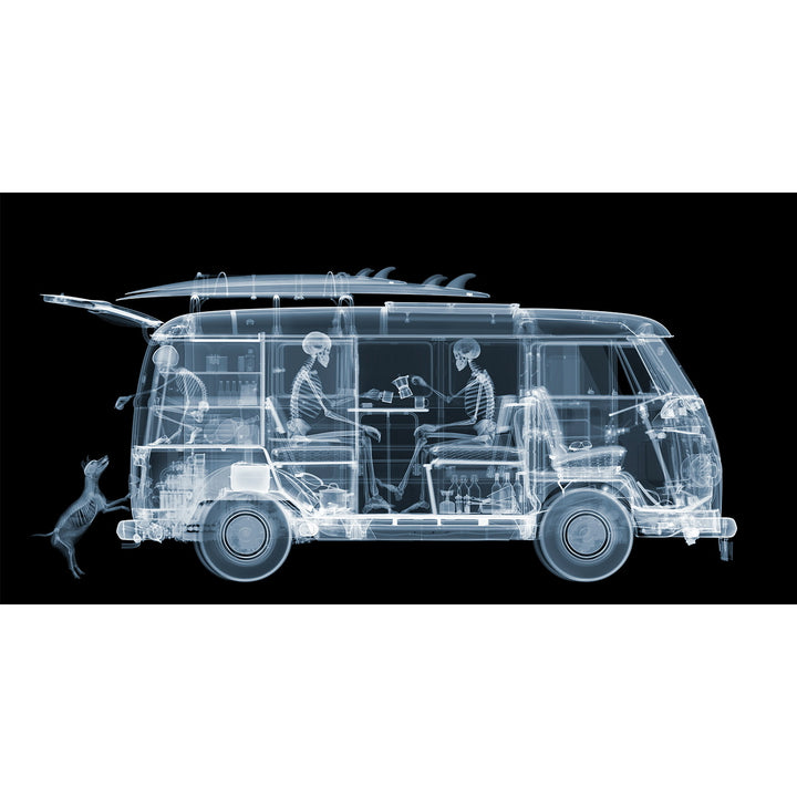 Framed Chromaluxe black and white x-ray photograph by Nick Veasey of a skeleton family sitting in a VW camper van with a surf board on top and a dog. 