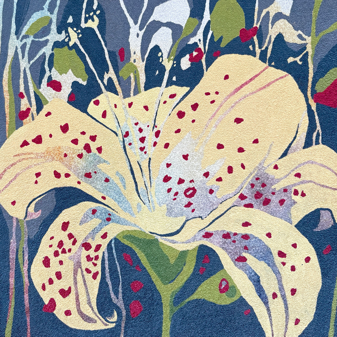 Erin Touey, Velvet Floral, oil on pumice-primed canvas, 14 x 14 inches. Close-up of a cream lily with crimson speckles, a lavender center, and a green stem against a deep navy background with pale blue, green, and white drips and red dots.