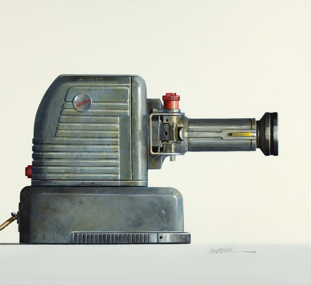 33"x24" oil on canvas painting of a vintage Viewlex image projector. 