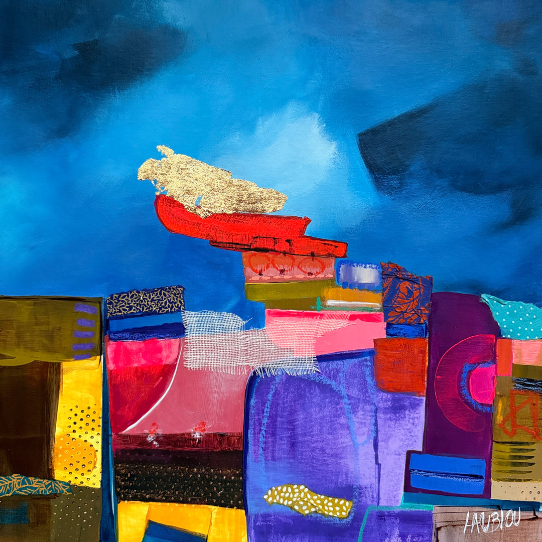 Lau Blou, Villa des pêcheurs, acrylic paint, fabric, and gold leaf on canvas, 14 x 14 inches. Abstract composition of stacked rectangular blocks in purple, red, pink, yellow, and black with patterned fabric pieces and gold leaf accents, set against a deep blue sky with dark brushstrokes.