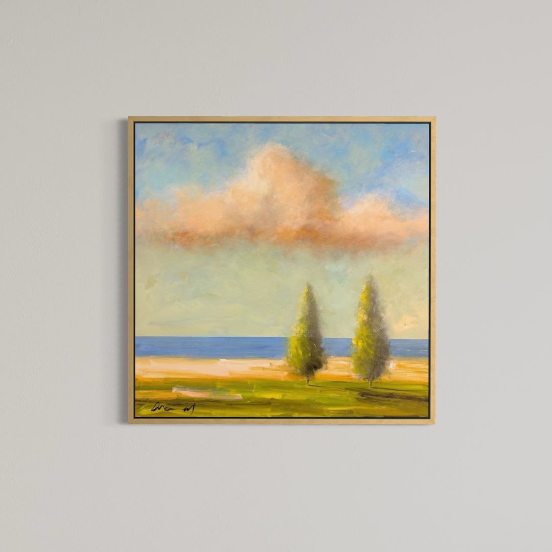 surreal soft landscape of trees and pastel sky with clouds horizontal painting