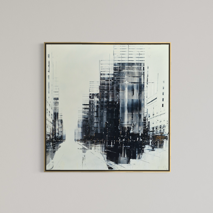 Julien Rey, Voyage, lacquer and gold leaf on board, 40 x 40 inches, framed in a thin gold frame and displayed on a plain grey wall.