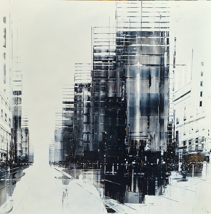 Julien Rey, Voyage, lacquer and gold leaf on board, 40 x 40 inches. Abstract monochrome cityscape of tall geometric high-rise buildings in black, white, and grey, viewed from street level with a warm golden glow at the base of the composition.