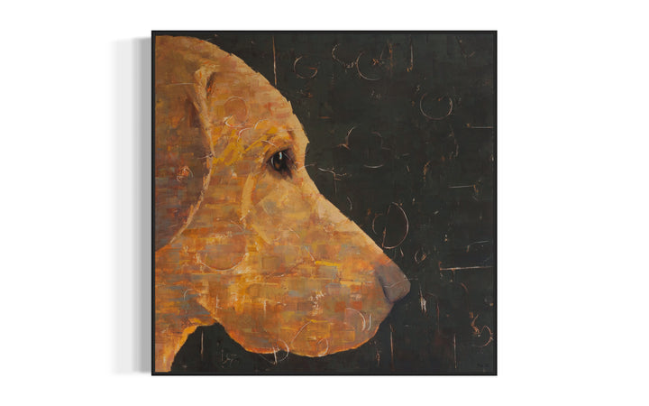 Waiting II, artwork by Tomasa Martín sized 40" x 40". Oil and acrylic on linen, painting  of a golden retriever seemingly waiting for their owner to come home.
