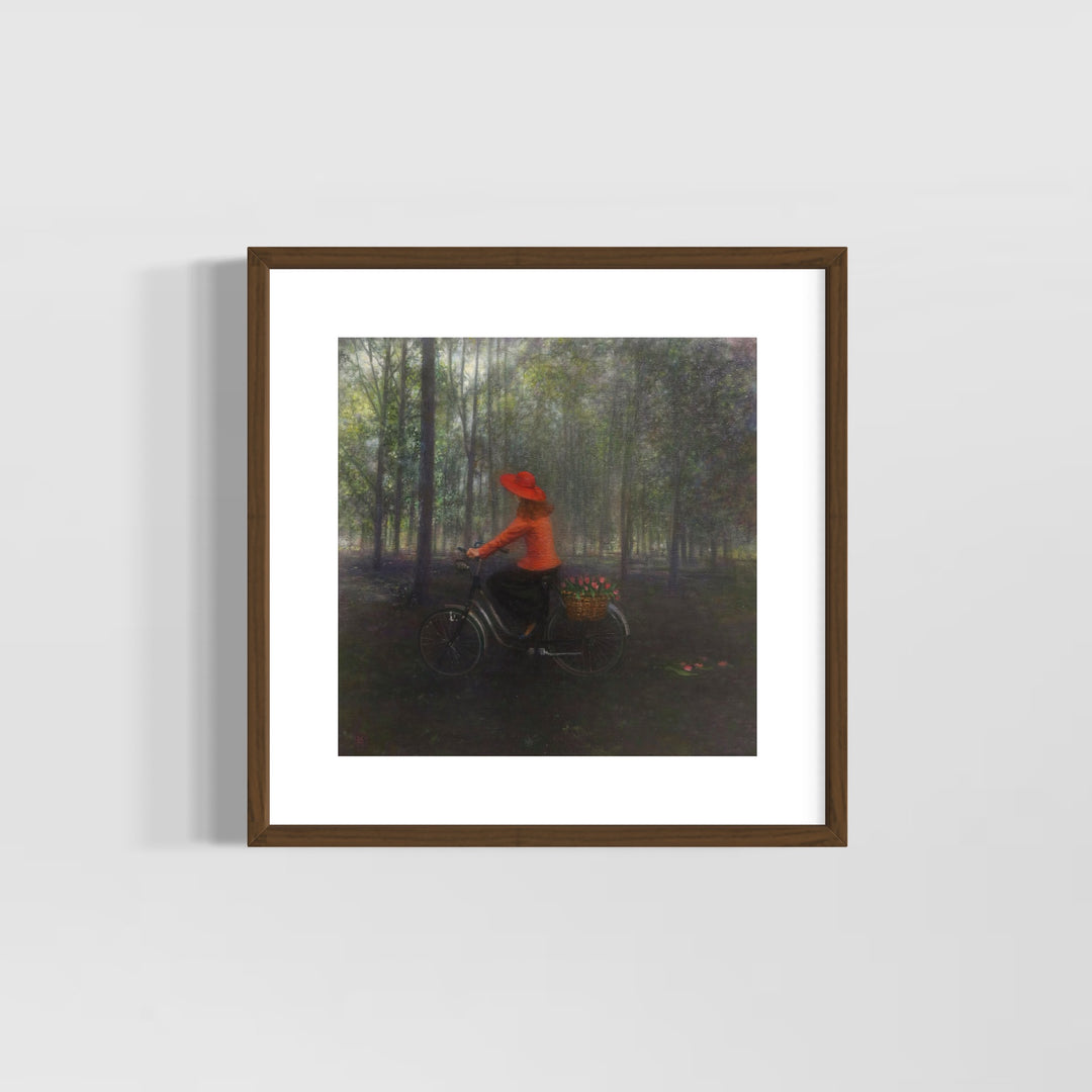 Girl in red shirt and hat riding bike with flowers in back through dark wooded green area shadows and slivers of light showing between trees oil landscape nature painting