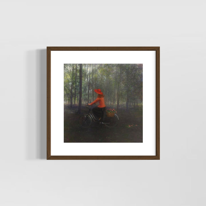 Girl in red shirt and hat riding bike with flowers in back through dark wooded green area shadows and slivers of light showing between trees oil landscape nature painting