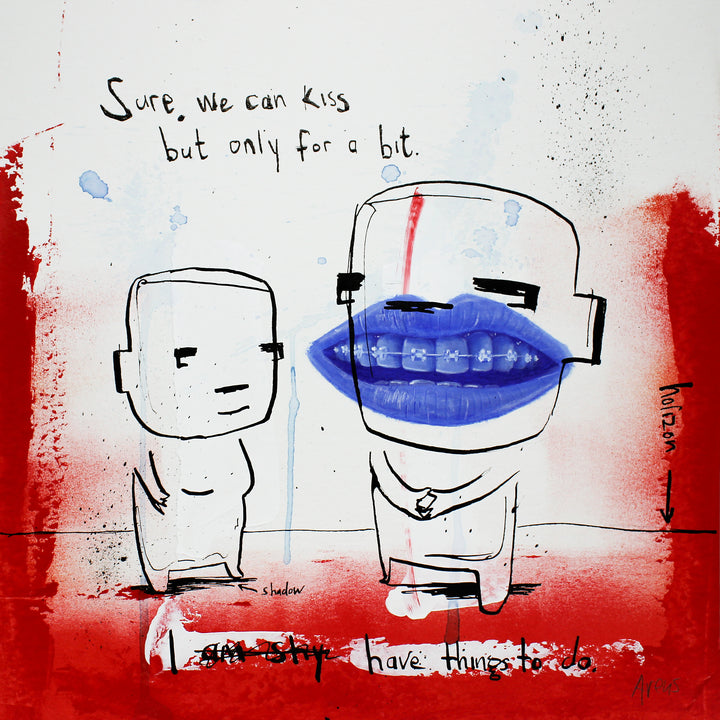 Comic doodle illustration in ink with red and blue line drawing figures funny humor 