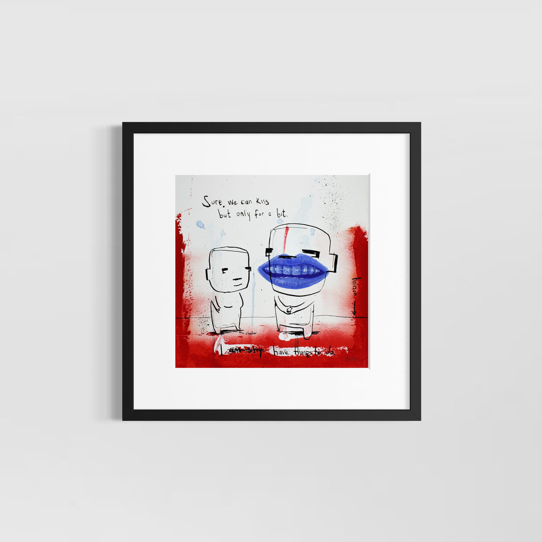 Comic doodle illustration in ink with red and blue line drawing figures funny humor 