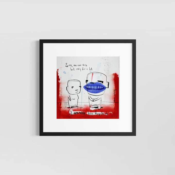 Comic doodle illustration in ink with red and blue line drawing figures funny humor 