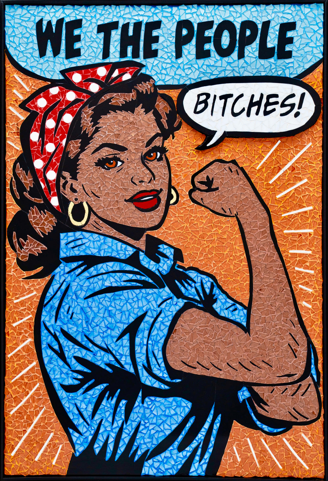We The People by Sarah Fishbein — hand-cut stained glass mosaic depicting a pop-art style woman flexing her arm with WE THE PEOPLE text, 25.75"W x 38"H x 1"D, Morton Contemporary