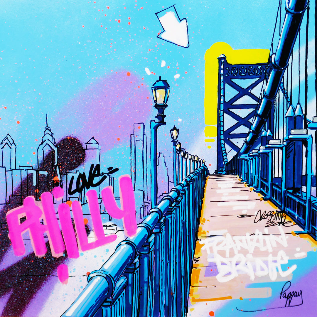 ben franklin bridge graphic pop illustration with graffiti text and skyline in blue on background