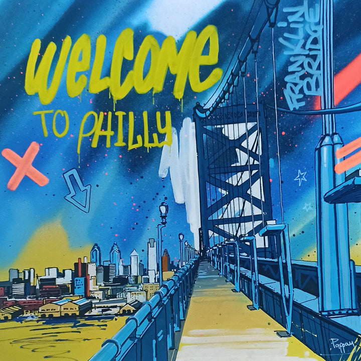 Philadelphia, Philly, Ben Franklin Bridge, Blue, Yellow, Graffiti, Urban
