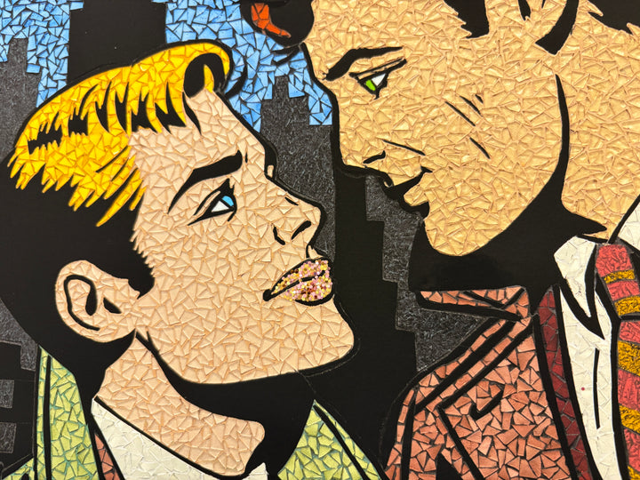 limited edition stain glass mosaic giclee print hand embellished with glitter  text bubble comic style retro vintage two men looking into each others eyes in suit jacket and ties on cityscape background blonde and ginger man