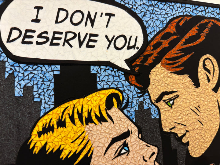 limited edition stain glass mosaic giclee print hand embellished with glitter  text bubble comic style retro vintage two men looking into each others eyes in suit jacket and ties on cityscape background blonde and ginger man