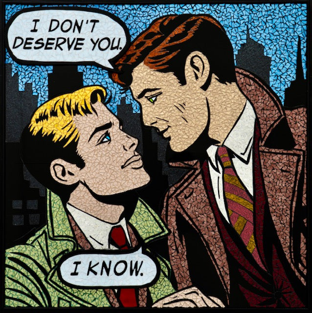 limited edition stain glass mosaic giclee print hand embellished with glitter  text bubble comic style retro vintage two men looking into each others eyes in suit jacket and ties on cityscape background blonde and ginger man