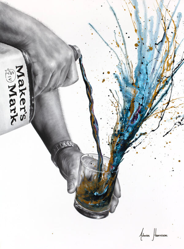 black and white realism arm hand pouring makers mark whisky into glass splatter paint expressionism in blue and gold