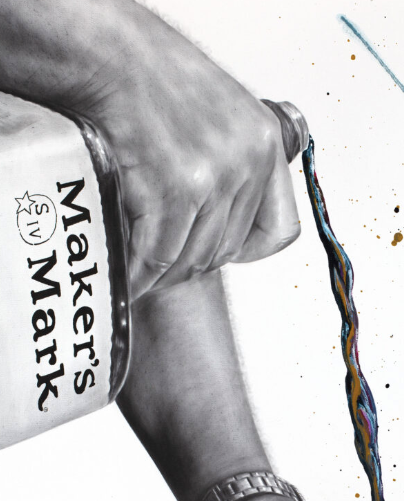 black and white realism arm hand pouring makers mark whisky into glass splatter paint expressionism in blue and gold