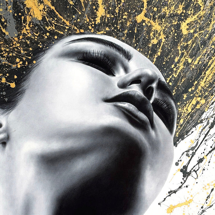 Woman flipping her hair, as golden and black paint splattered, high contrast painting