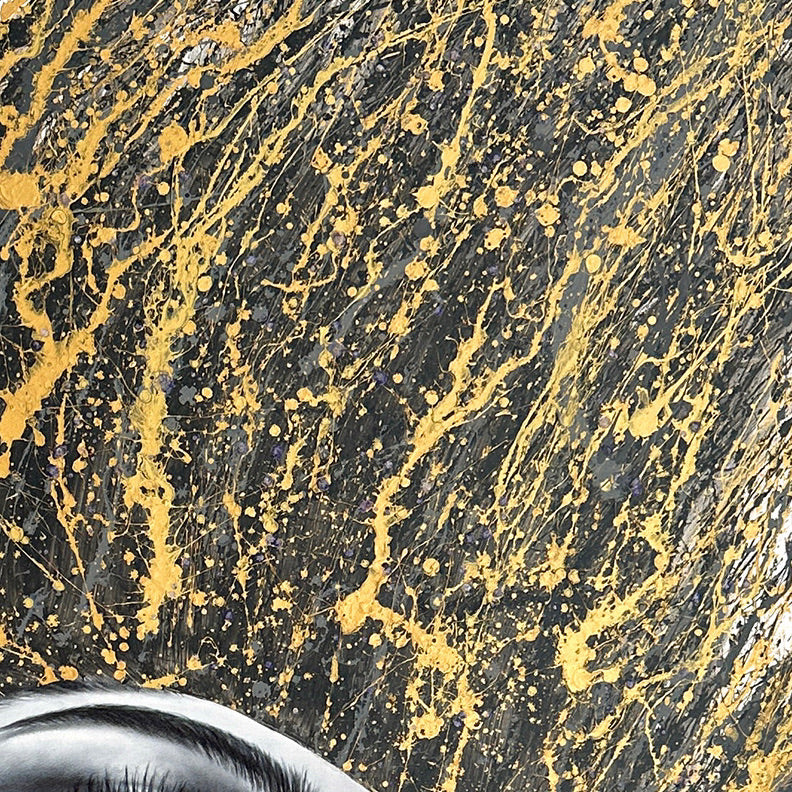 Woman flipping her hair, as golden and black paint splattered, high contrast painting
